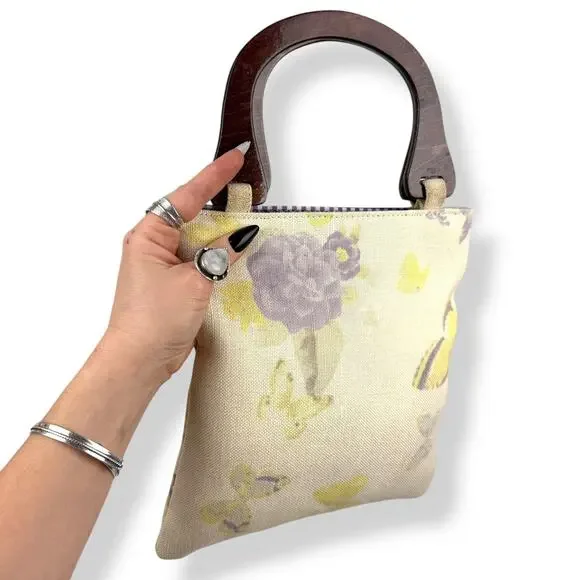 90's woven linen butterfly floral wood handle bag by FASHION EXPRESS ORIGINAL - Picture 5 of 16